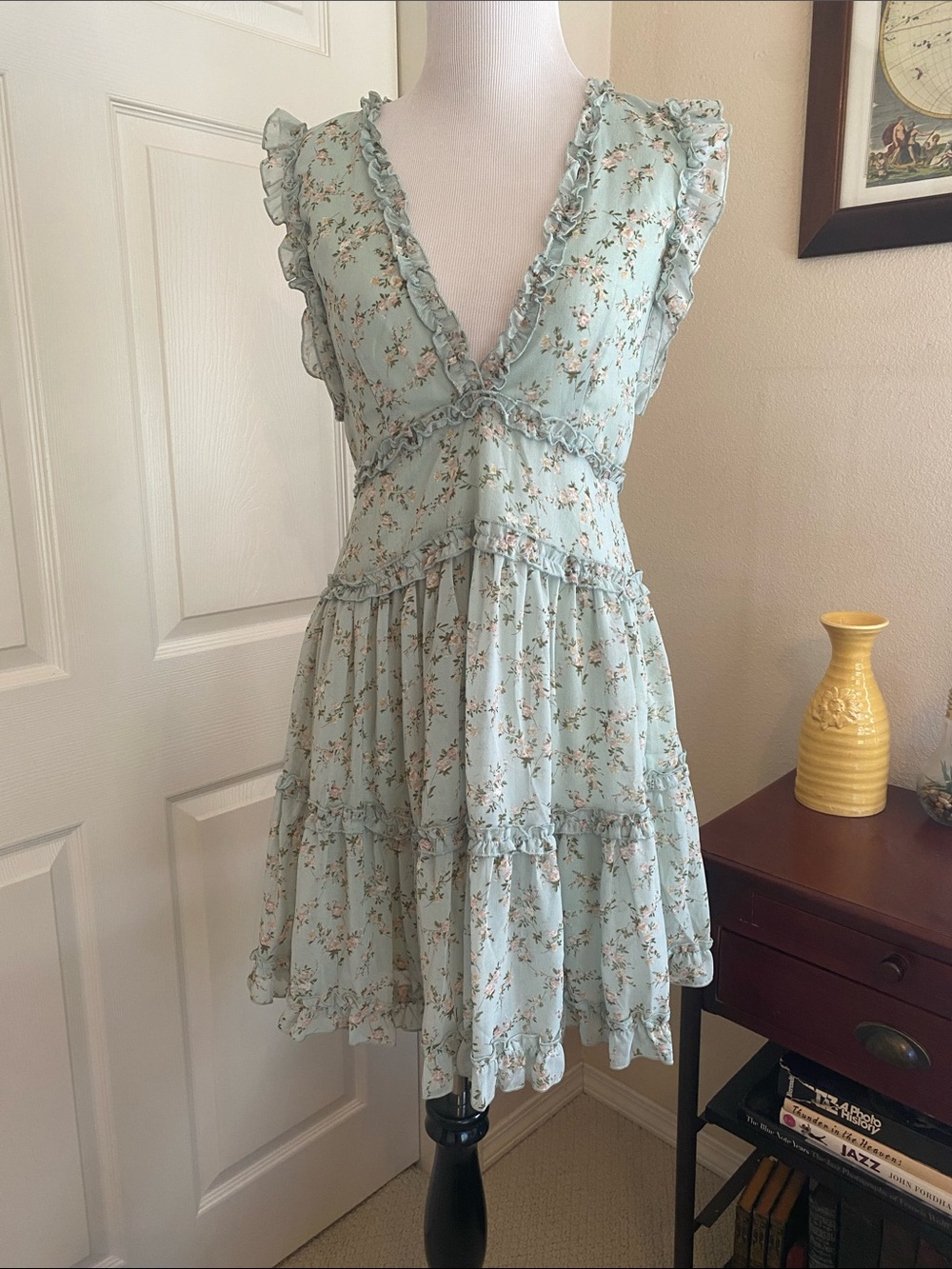 She + Sky Mint Blue Floral Ruffle Mini Dress